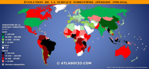Carte du monde par évolution de la surface forestière (période 1990-2016). © ATLASOCIO.COM